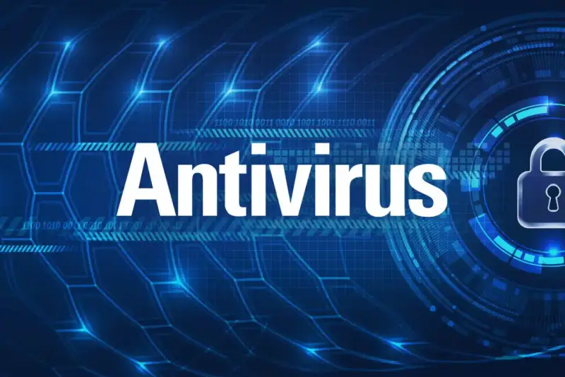 Cyfrowy świat chroniony przez antywirus z VPN. Grafika z hasłem "Antivirus" i symbolem kłódki.